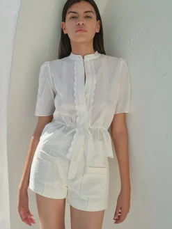 Women FRAME Cinched Lace Trim Blouse in