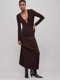 Women FRAME Deep V Jersey Dress in Chocolate Brown
