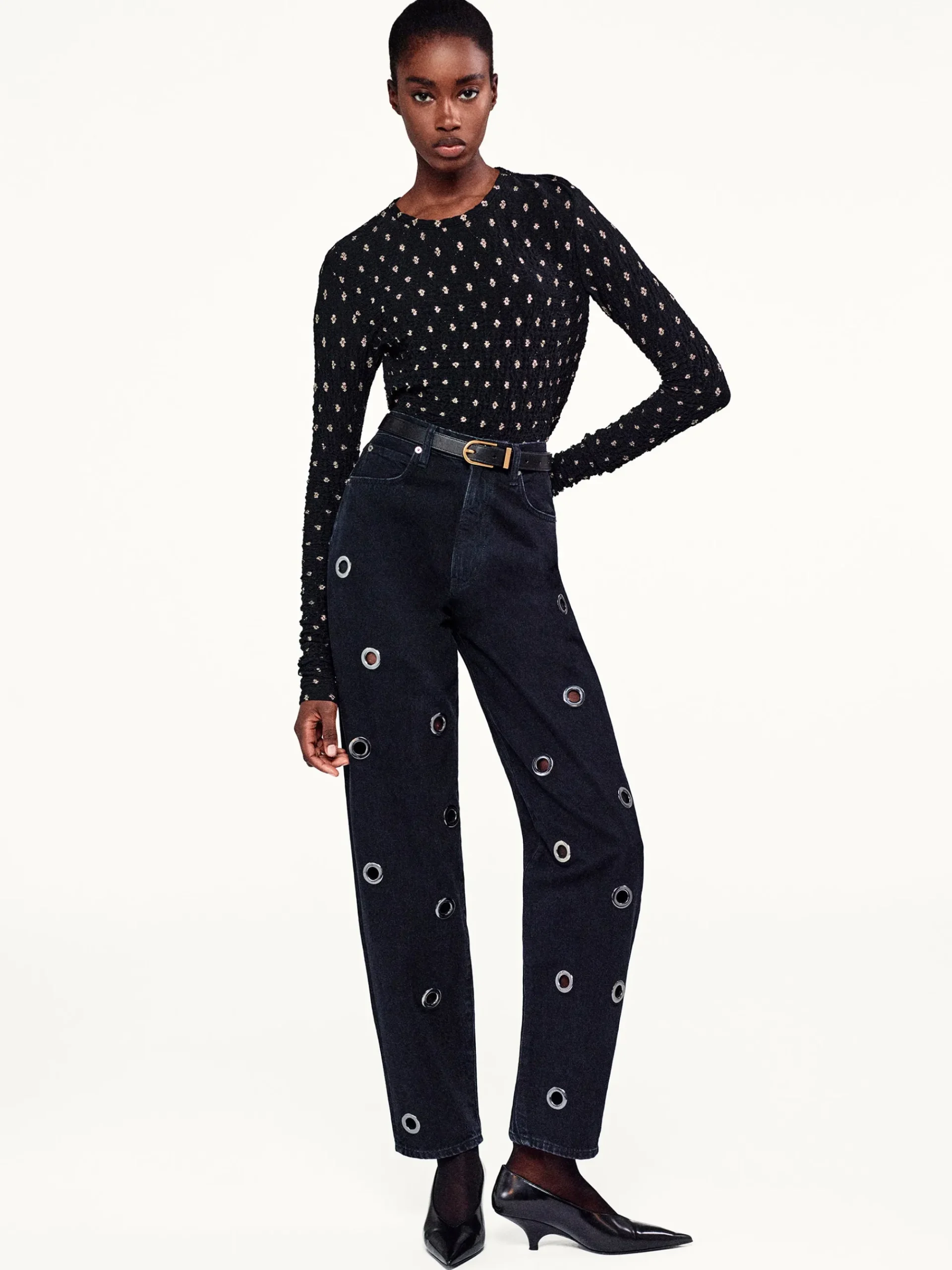 Women FRAME Dotted Stretch Mesh Top in Black Multi