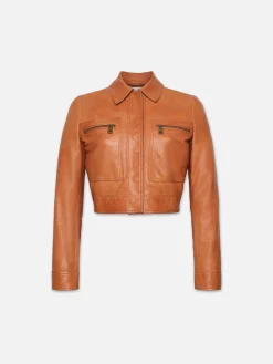 Women FRAME Fitted Leather Moto Jacket in Light Whiskey