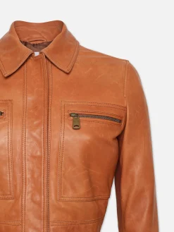 Women FRAME Fitted Leather Moto Jacket in Light Whiskey