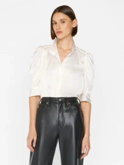 Women FRAME Gillian Top in Glossy Off White