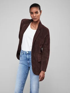 Women FRAME Grandfather Suede Blazer in Chocolate Brown