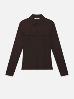 Women FRAME Jersey Button Up Shirt in Chocolate Brown