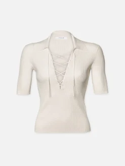 Women FRAME Lace Up Sweater Polo in Off White