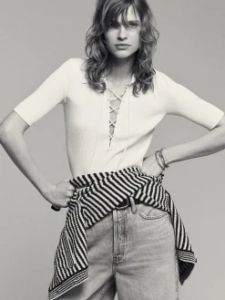 Women FRAME Lace Up Sweater Polo in Off White