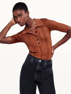 Women FRAME Laddered Rib Polo in Light Camel