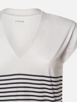 Women FRAME Le Mid Rise V Neck Tee in Navy Multi