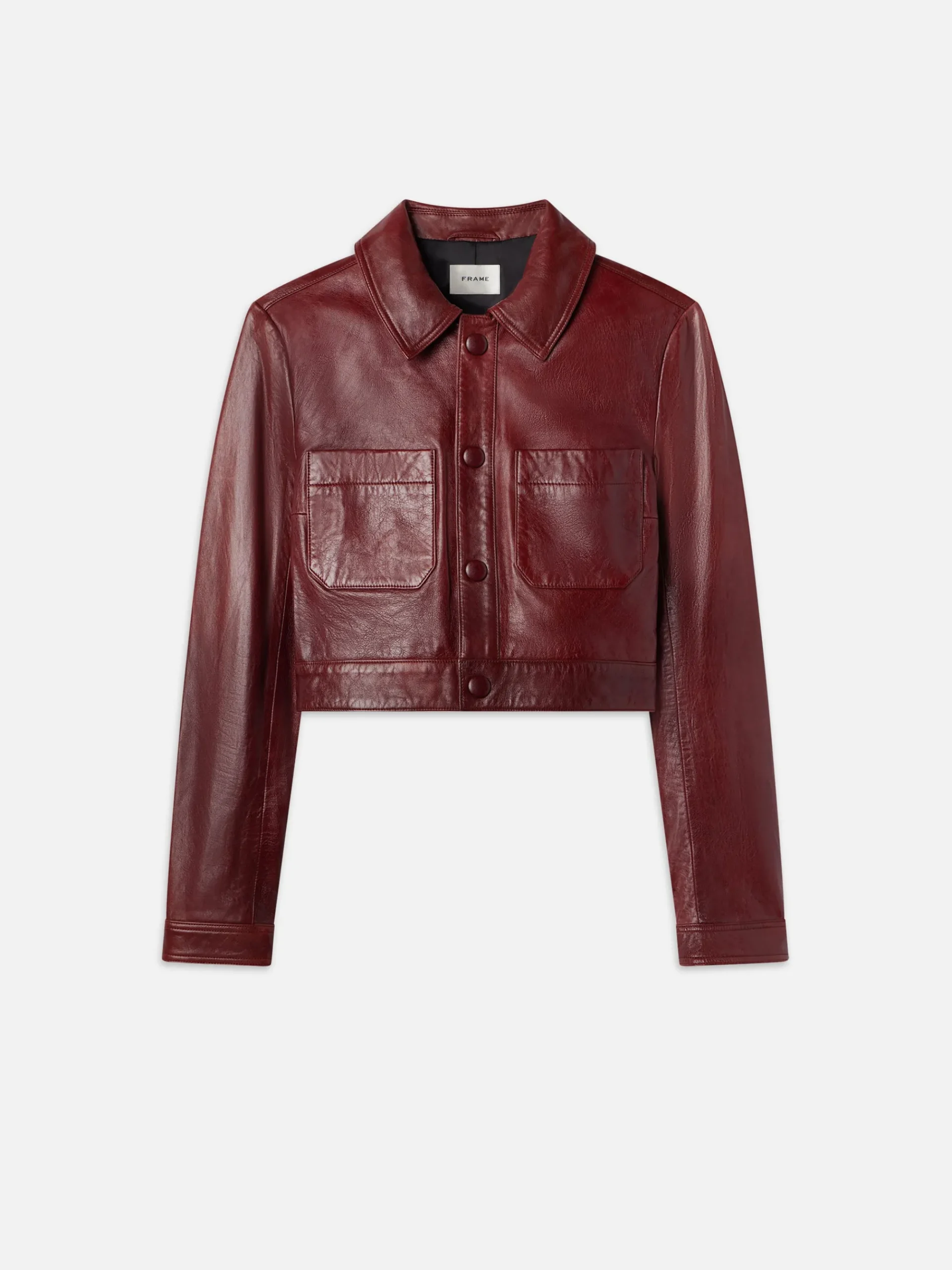 Women FRAME Leather Button Front Jacket in Syrah Red