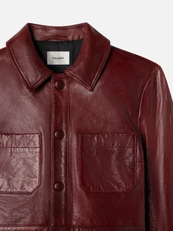 Women FRAME Leather Button Front Jacket in Syrah Red