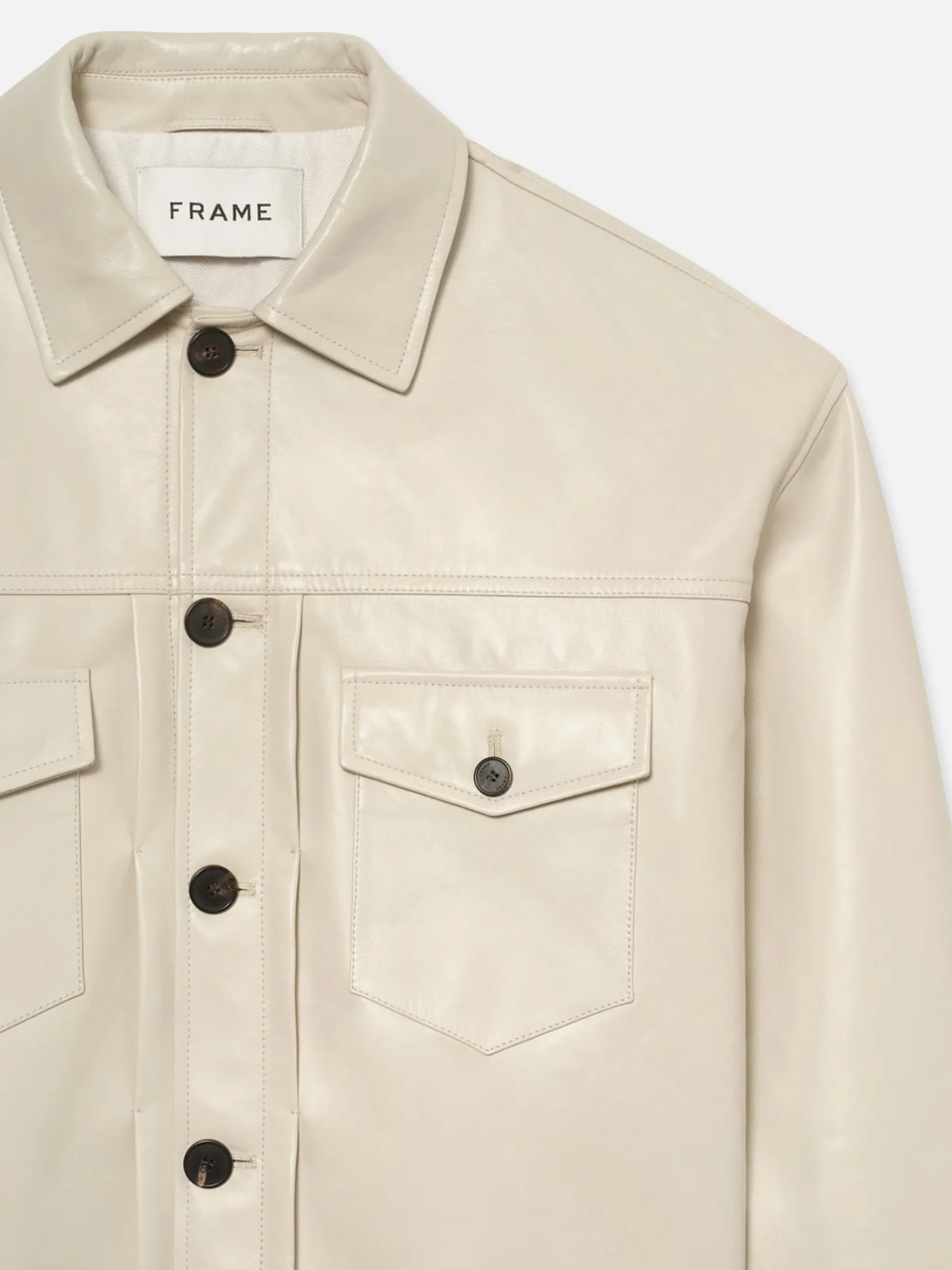 FRAME Leather Trucker Jacket in White Canvas