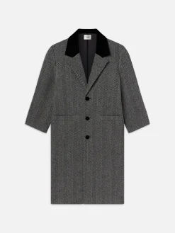 Women FRAME Long Herringbone Coat in Black Multi