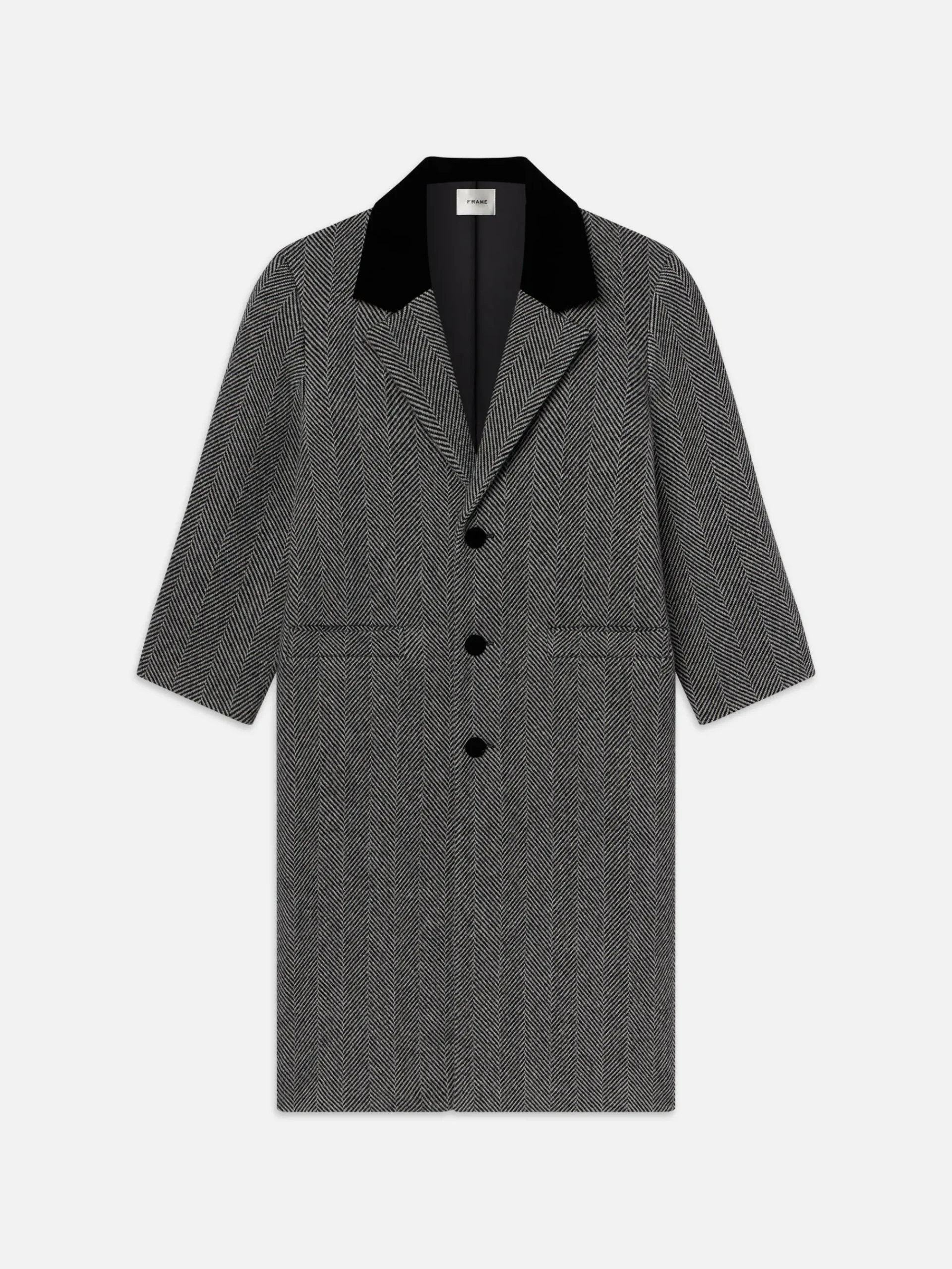 Women FRAME Long Herringbone Coat in Black Multi