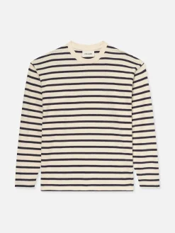 FRAME Long Sleeve Relaxed Striped Tee in Dark Navy Stripe