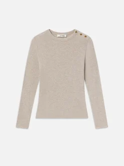 Women FRAME Long Sleeve Rib Button Crew in Oatmeal Heather