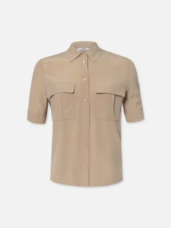 Women FRAME Patch Pocket Button Down in Khaki Tan