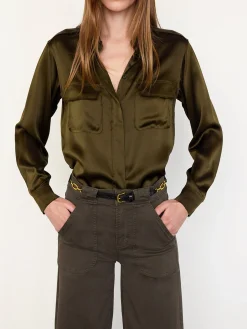 Women FRAME Raw Edge Double Pocket Shirt in Rich Military