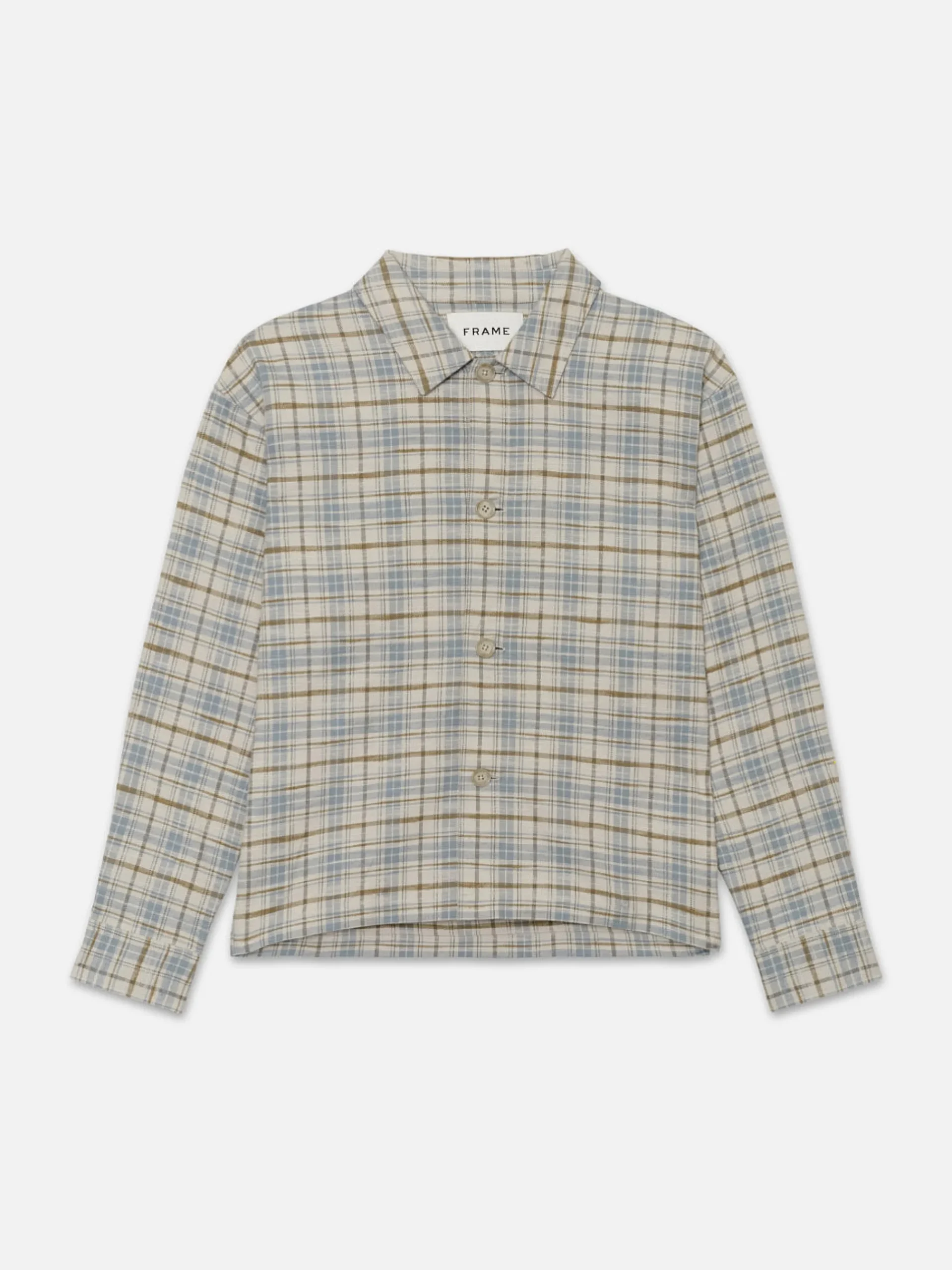 FRAME Relaxed Plaid Shirt Jacket in Light Blue Plaid