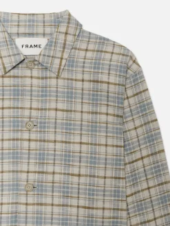 FRAME Relaxed Plaid Shirt Jacket in Light Blue Plaid