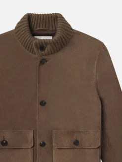 FRAME Rib Collar Suede Bomber in Soft Mocha