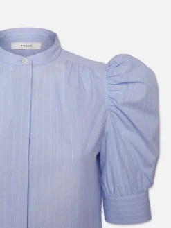 Women FRAME Ruched Puff Sleeve Shirt in Chambray Blue