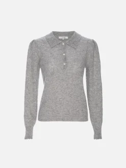 Women FRAME Scallop Polo Sweater in Light Heather Grey