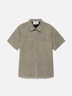 FRAME Short Sleeve Suede Shirt in Sand Beige