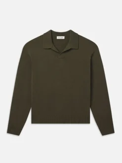 FRAME Silk Blend Polo Sweater in Dark Olive