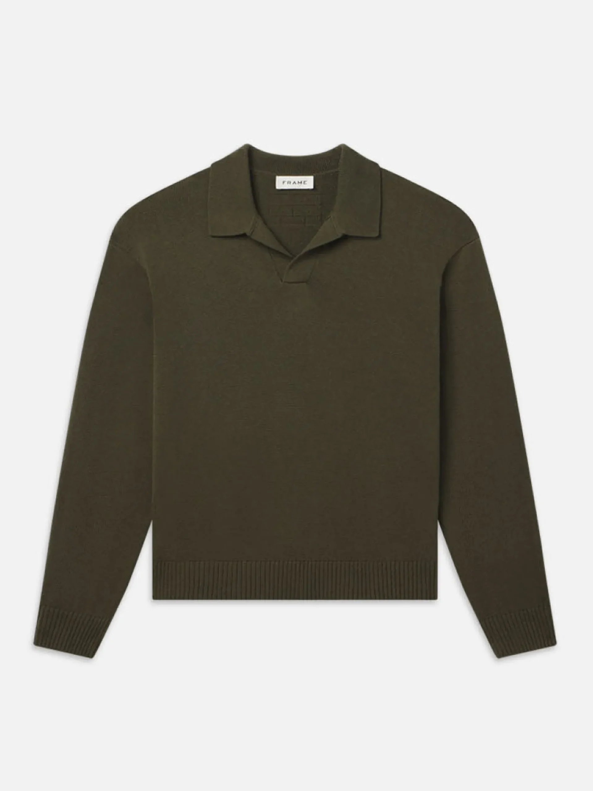 FRAME Silk Blend Polo Sweater in Dark Olive