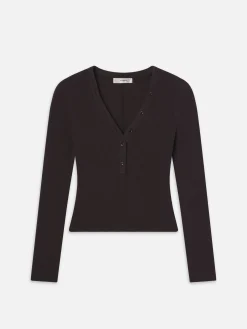 Women FRAME Slinky Long Sleeve Rib Henley in Chocolate Brown