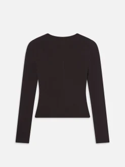 Women FRAME Slinky Long Sleeve Rib Henley in Chocolate Brown