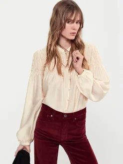 Women FRAME Smocked Collarless Blouse in