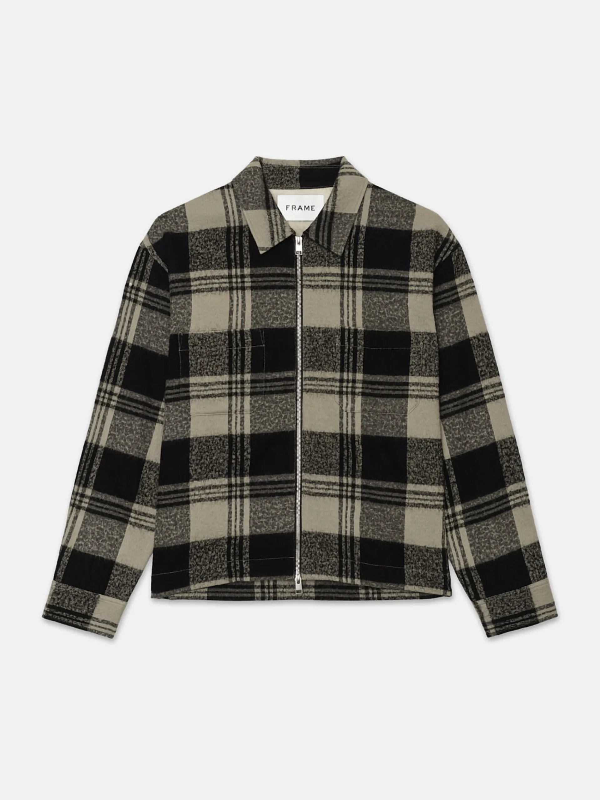 FRAME Spring Plaid Zip Shirt Jacket in Smoke Beige/Noir