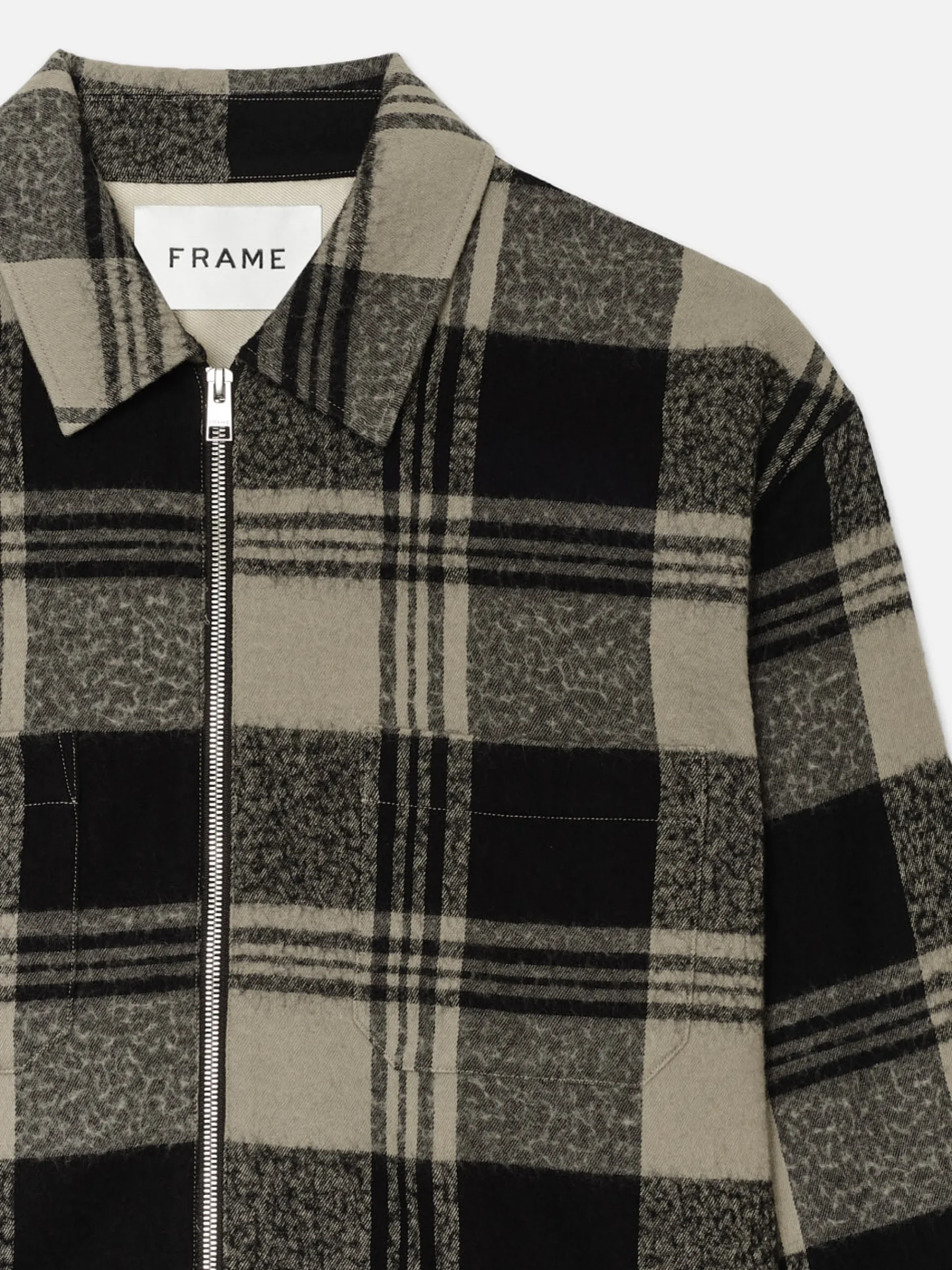 FRAME Spring Plaid Zip Shirt Jacket in Smoke Beige/Noir