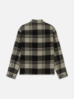 FRAME Spring Plaid Zip Shirt Jacket in Smoke Beige/Noir