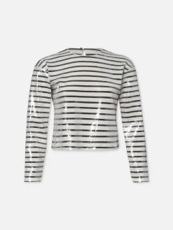 Women FRAME Striped Sequin Top in Navy Multi