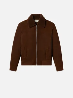 FRAME Suede Shearling Bomber in Dark Camel