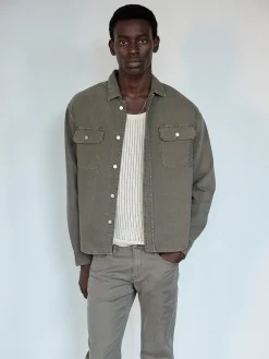 FRAME Textured Terry Overshirt in Smokey Olive