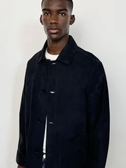 FRAME Unlined Suede Chore Coat in Dark Navy