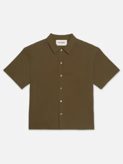 FRAME Waffle Textured Short Sleeve Shirt in Dark Beige