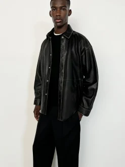 FRAME Washed Leather Shirt in Black Washed